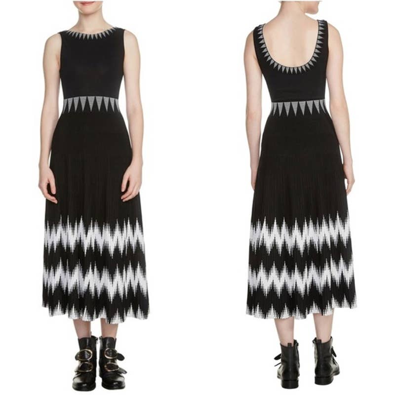 Maje Ruche Geo Pattern Knit Midi Dress Nwt Black S